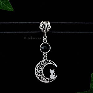 Black Cat Moon Gothic Choker – Lunar Mystic Necklace, Esoteric Jewelry, Witchy Choker, Occult Style, Gothic Jewelry, black onyx