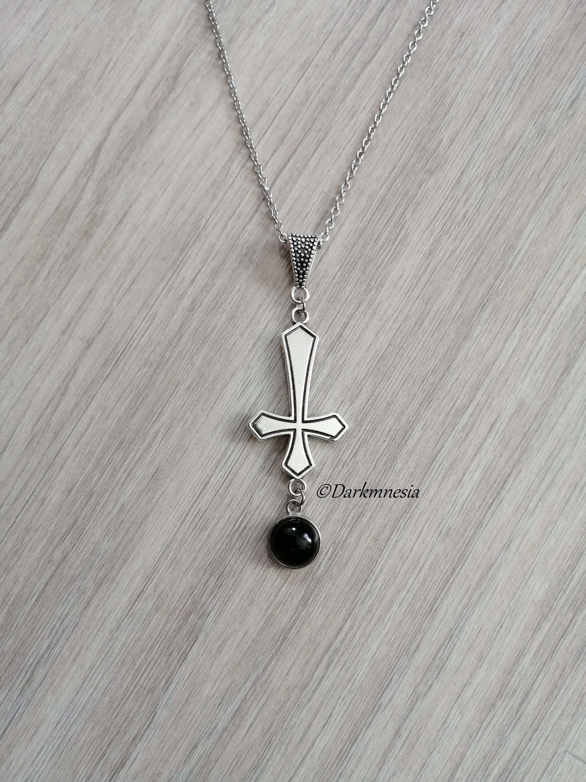 Necklace, pendant, onyx, black, natural stone, inverted cross, satanic, occult, goth, gothic