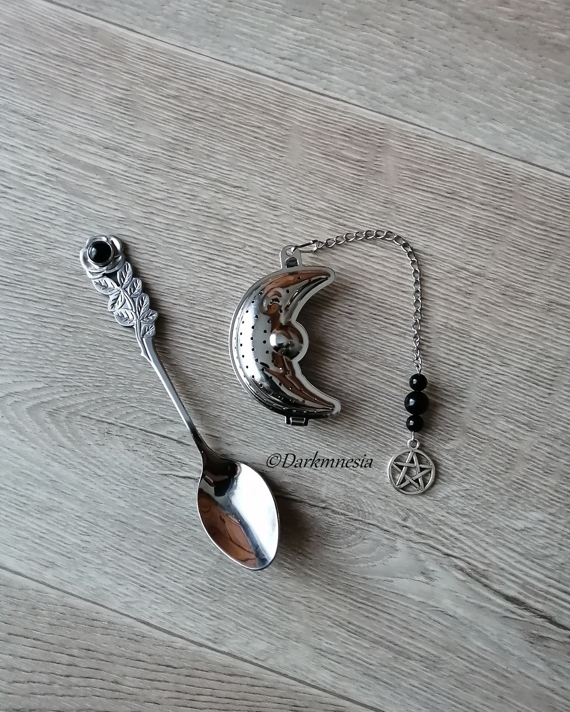 Infuseur, Boule à Thé, Cuillère, Croissant de Lune, Onyx, Pentacle, Wicca, Witchy, Pagan, Païen, Got