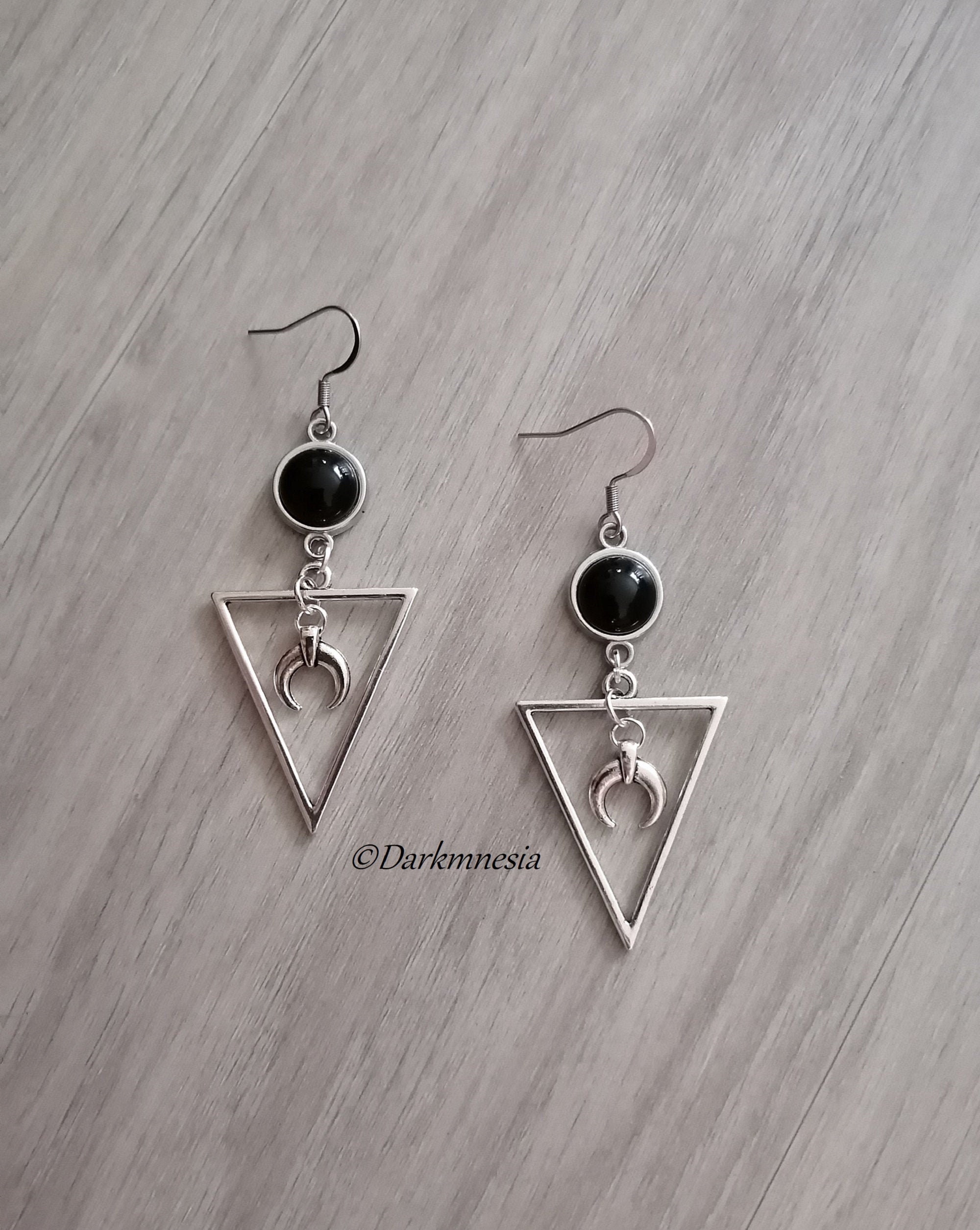 Earrings, Onyx, Black, stone, crescent moon, Triangle, Element, Witchy, Witch, Wicca, Pagan, Wiccan, Esoteric, Gothic