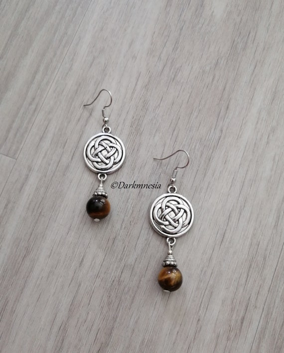 Boucles D'oreilles Pendantes œil De Tigre - Forme Cœur Et Nœud Celte - Neuf Avec étiquettes