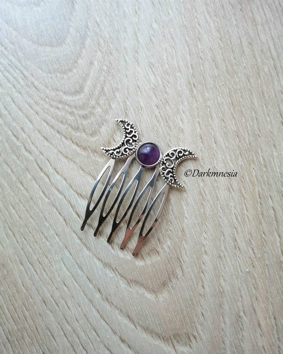 Hair comb, hair accessories, crescent moon, triple moon, amethyst, natural stone, witchy, witch, wicca, wiccan, pagan