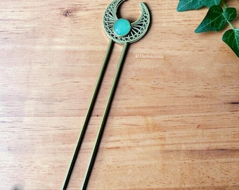 Horquilla de aventurina con forma de luna de bronce, accesorio místico de estilo bohemio, joya celestial para el cabello.
