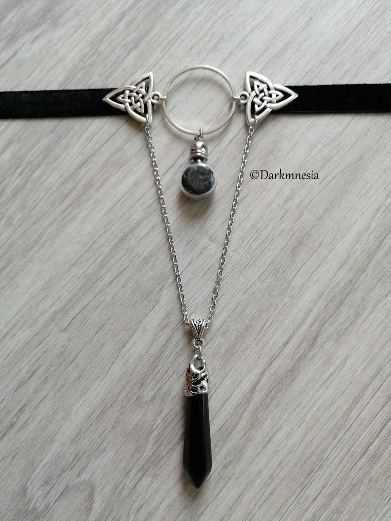 Choker, ketting, fluweel, ring, flesje, zwart zout, slinger, onyx, choker, goth, gothic, heks, wicca, heks, hekserij afbeelding 2