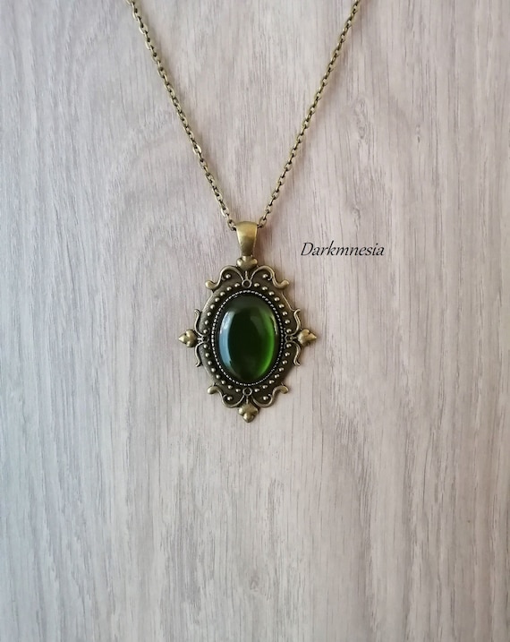Necklace, Bronze, Pendant, Green Stone, Medieval, Victorian, Goth