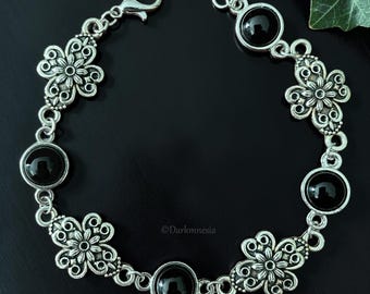 Gothic Black Onyx Bracelet • Victorian Floral Jewelry • Witchy Bracelet • Dark Romantic Jewelry • Natural Stone