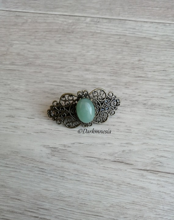 Barrette Ancienne En Métal Chromé Avec Pierre Aventurine - Occasion Bon état, Fabriqué En France