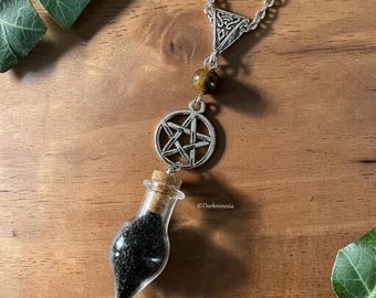 Halsband med svart saltflaska och tigeröga • Pentagram • Skyddande talisman • Häxsmycken • Häxkonst • Hednisk