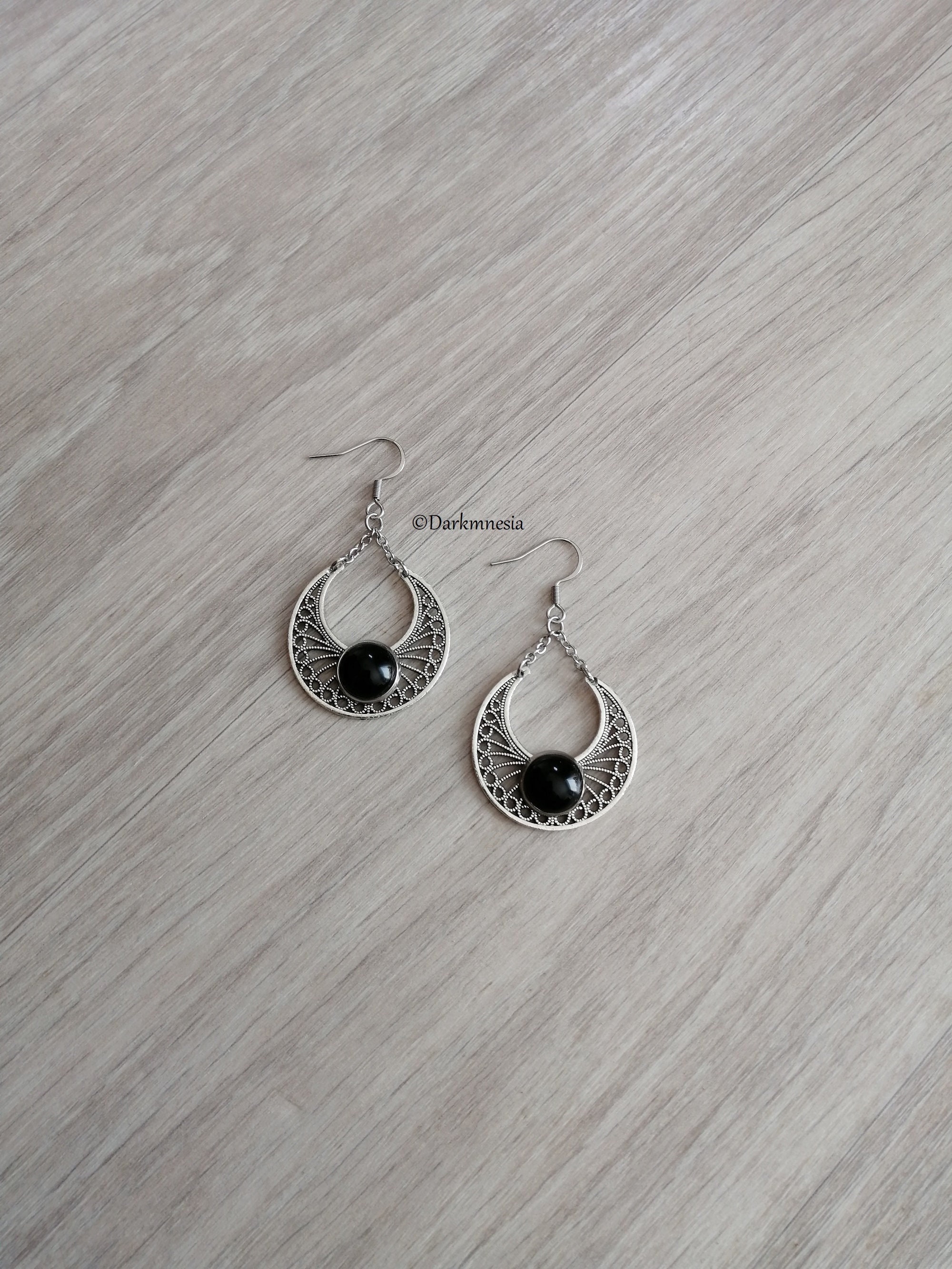 Earrings, onyx, black, gemstone, crescent moon, witchy, witch, wicca, goth, gothic