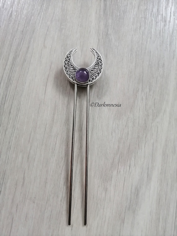 Hair stick, hair accessories, amethyst, crescent moon, wicca, witchy, pagan, pagan, gothic, witch, wiccan, goth