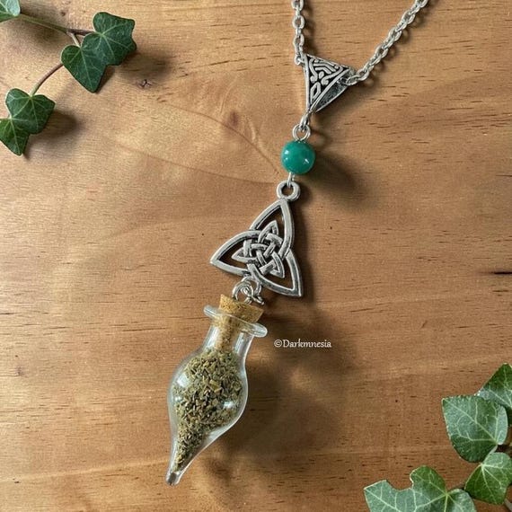 Collier Fiole de Santé & Agate Verte • Triquetra • Talisman Witchy • Sorcellerie Végétale • Bijou Pagan • Wicca