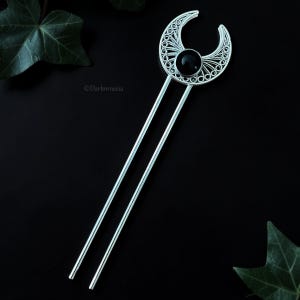 Pique à cheveux double lune onyx noir, accessoire witchy gothique, bijou cheveux lunaire ésotérique