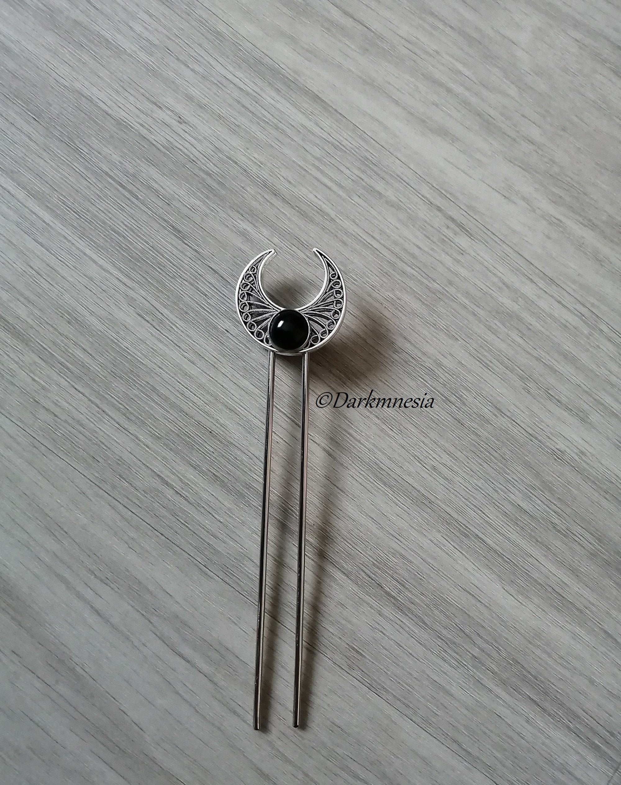 Hair stick, hair accessories, onyx, crescent moon, wicca, witchy, pagan, gothic, witch, wiccan, goth