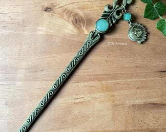 Pinza para el cabello de aventurina con diseño de sol y luna en bronce, accesorio místico de estilo bohemio, joya celestial para el cabello.