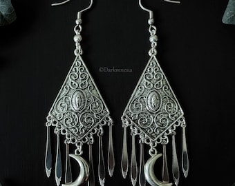 Gothic crescent moon dangle earrings – witchy lunar jewelry, dark aesthetic earrings, mystical occult jewelry