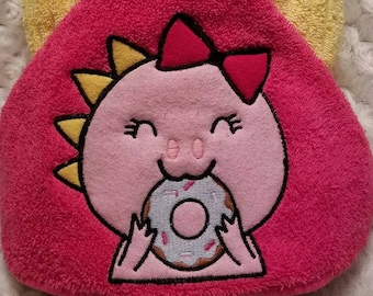 Girl Dinosaur Eating A Doughnut Applique Machine Embroidery Towel Peeker DIGITAL FILE 5x7