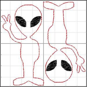 Puede incluir: Dos dibujos de contorno rojos de extraterrestres sobre un fondo de cuadr&iacute;cula. Un extraterrestre est&aacute; de pie, haciendo el signo de la paz. El otro extraterrestre est&aacute; boca abajo, tambi&eacute;n haciendo el signo de la paz. Ambos extraterrestres tienen grandes ojos ovalados negros.