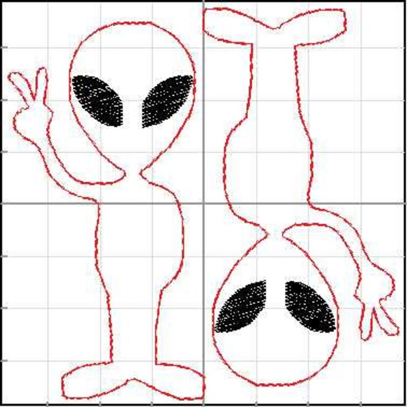 Puede incluir: Dos dibujos de contorno rojos de extraterrestres sobre un fondo de cuadr&iacute;cula. Un extraterrestre est&aacute; de pie, haciendo el signo de la paz. El otro extraterrestre est&aacute; boca abajo, tambi&eacute;n haciendo el signo de la paz. Ambos extraterrestres tienen grandes ojos ovalados negros.