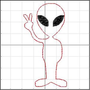 Puede incluir: Un contorno rojo de una figura alien&iacute;gena haciendo el signo de la paz. El alien&iacute;gena tiene grandes ojos ovalados negros y est&aacute; de pie sobre un fondo de cuadr&iacute;cula. El cuerpo del alien&iacute;gena es una forma simple y estilizada.