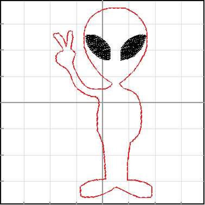 Puede incluir: Un contorno rojo de una figura alien&iacute;gena haciendo el signo de la paz. El alien&iacute;gena tiene grandes ojos ovalados negros y est&aacute; de pie sobre un fondo de cuadr&iacute;cula. El cuerpo del alien&iacute;gena es una forma simple y estilizada.