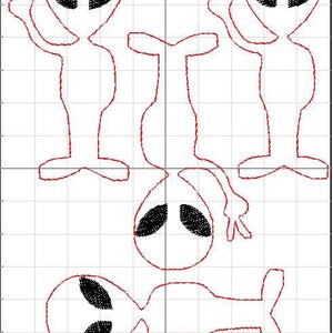 Puede incluir: Ilustraci&oacute;n digital con cinco figuras de extraterrestres con contorno rojo y grandes ojos negros ovalados. Dos extraterrestes est&aacute;n de pie, uno est&aacute; boca abajo y otro est&aacute; acostado. Los extraterrestres hacen signos de paz.