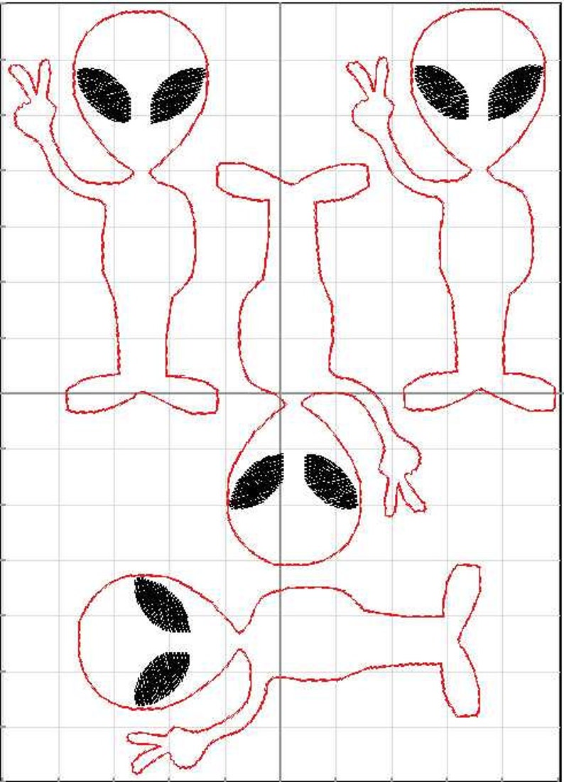 Puede incluir: Ilustraci&oacute;n digital con cinco figuras de extraterrestres con contorno rojo y grandes ojos negros ovalados. Dos extraterrestes est&aacute;n de pie, uno est&aacute; boca abajo y otro est&aacute; acostado. Los extraterrestres hacen signos de paz.