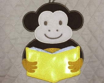 Monkey Reading A Book Applique Reading Pillow Machine Embroidery DIGITAL FILE 5x7