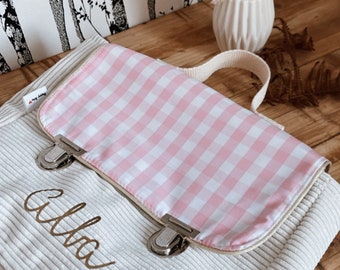 cartable maternelle velours écru et vichy rose personnalisé