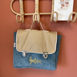 cartable maternelle personnalisé velours bleu et vichy jaune