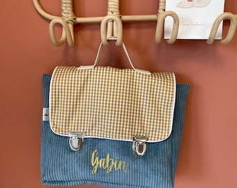 personalized nursery school bag in blue velvet and yellow gingham