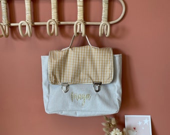 personalized nursery bag in ecru velvet and curry gingham