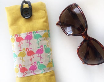 Flamingo glasses case pink yellow waterproof laminated cotton linen.