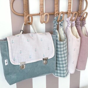 Bolsa de guardería personalizada en terciopelo y cuadros vichy rosas