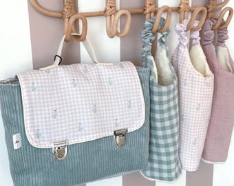 cartable maternelle personnalisé velours  et vichy rose