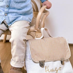 bolso infantil personalizado en terciopelo crudo y vichy curry