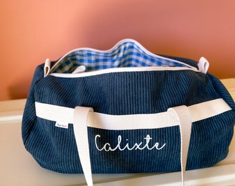 blue and gingham velvet changing bag, velvet weekend bag with patterns and colors of your choice