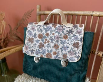 cartable maternelle personnalisé velours vert et fleurs