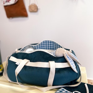 Wickeltasche aus Samt, Wochenendtasche aus blauem und kariertem Samt