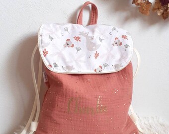 Sac à dos crèche, sac à dos enfant personnalisé double gaze à pois doré motif au choix