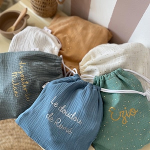 Pochon personnalisé, pochette personnalisé, sac à linge, pochette à doudou, sac crèche, sac maternelle en double gaze de coton