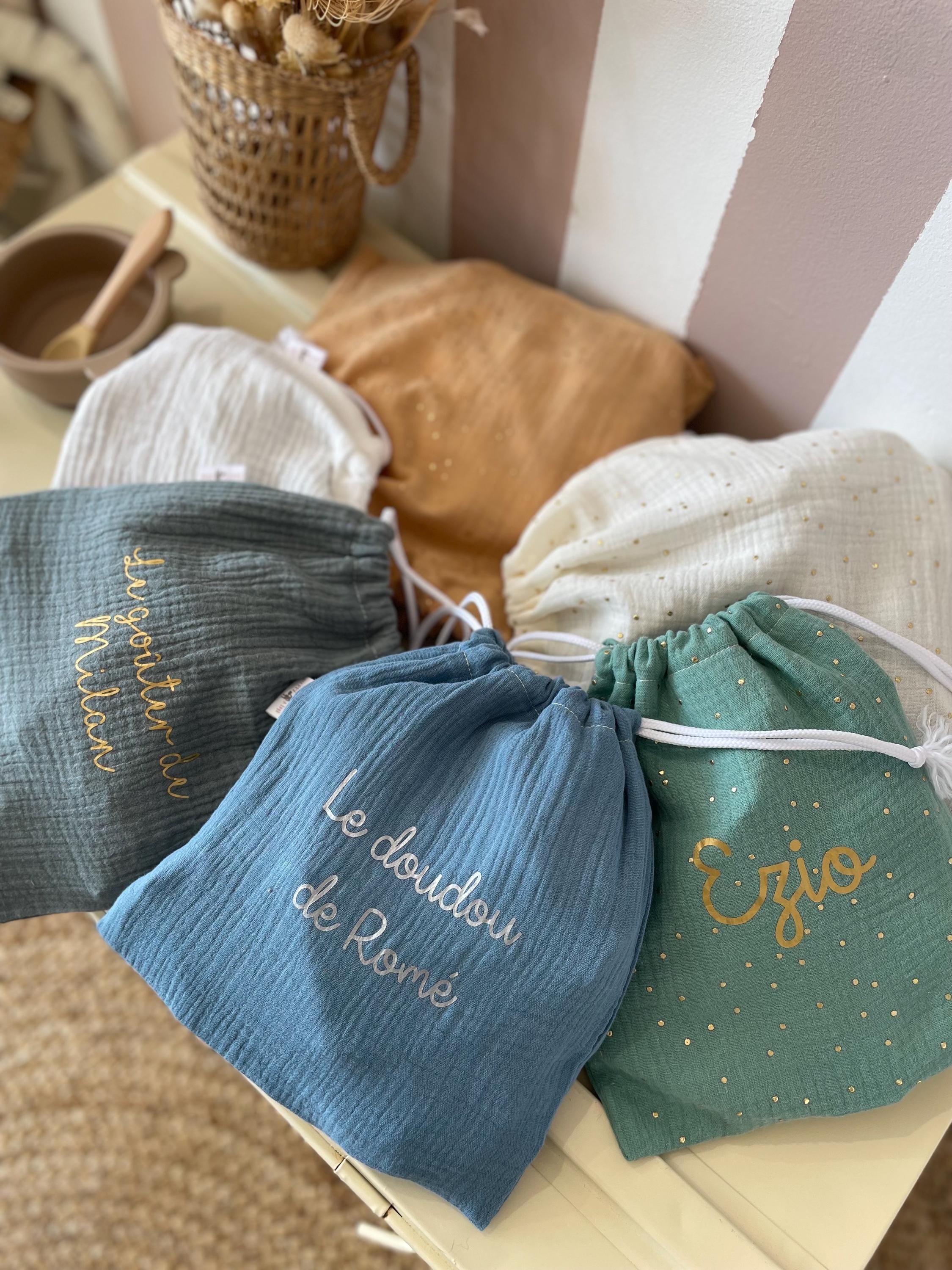 Sac Pochon Enfant En Coton Rayé Rose - Fait Main En France, Pour Goûter/Livres