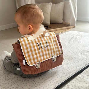 cartable maternelle velours marron et vichy personnalisé