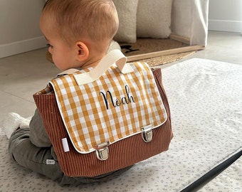 personalized brown velvet and gingham nursery school bag