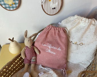 Saquinho de gaze de algodão personalizado com nome, ideal para guardar brinquedos de pelúcia, bolsa para berçário, bolsa para pré-escola, saco para roupa suja ou sacola para presente.