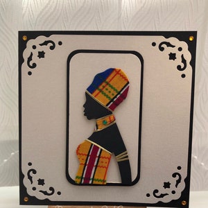 Biglietto d'auguri fatto a mano con donna ispirata all'Africa / Tessuto con stampa africana / Biglietto etnico / Donna africana / Arte africana / Biglietto da 5 pollici