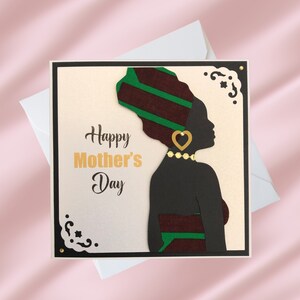Biglietto d'auguri fatto a mano per la festa della mamma "Headwrap Queen" / Tre tonalità di pelle / Tessuto africano