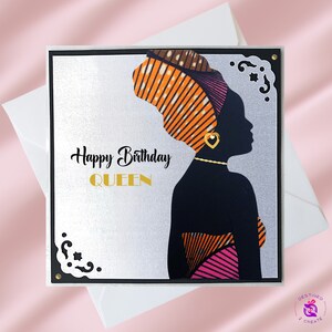 Biglietto di auguri di compleanno "Headwrap Queen" in tessuto africano fatto a mano / Tre tonalità di pelle / Regina africana / Tessuto rosa/arancione / Personalizzazione disponibile