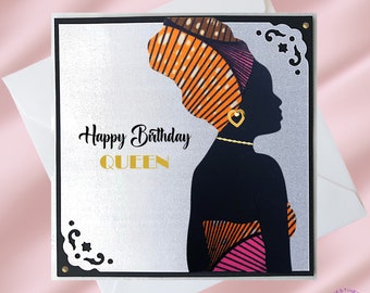 Handmade African Fabric 'Headwrap Queen' Birthday Card | Two Skin Tones | African Queen | Personalisation