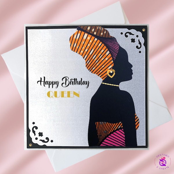 Carte d'anniversaire « Headwrap Queen » fait main en tissu africain | Deux tons de peau | Reine africaine | Personnalisation