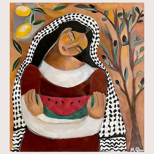 Free Palestine Painting - Hand Embellished Print - Please read description -  Woman wearing keffiyeh - watermelon resistance